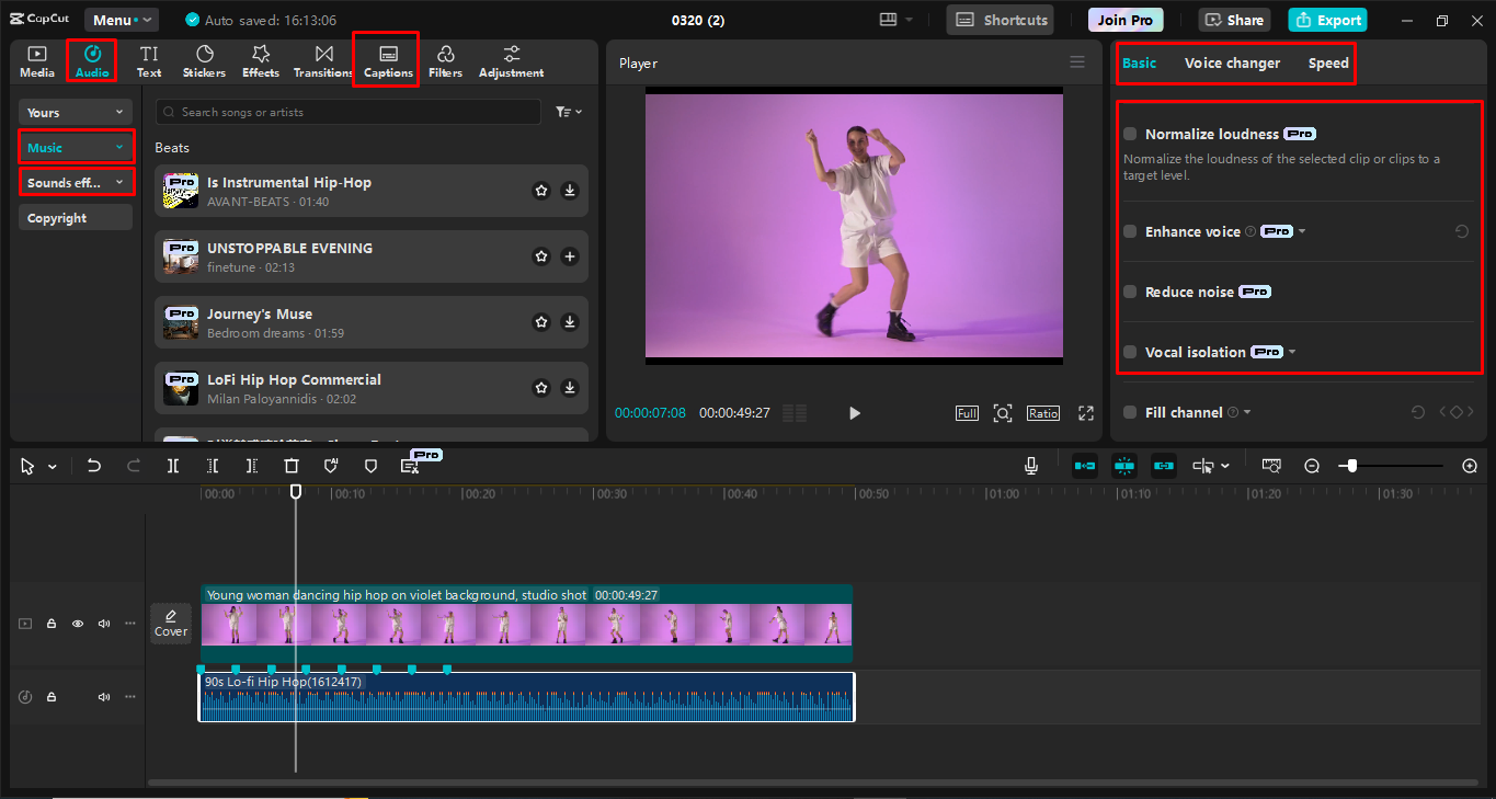 Menambah dan menyesuaikan trek muzik dalam editor video desktop CapCut