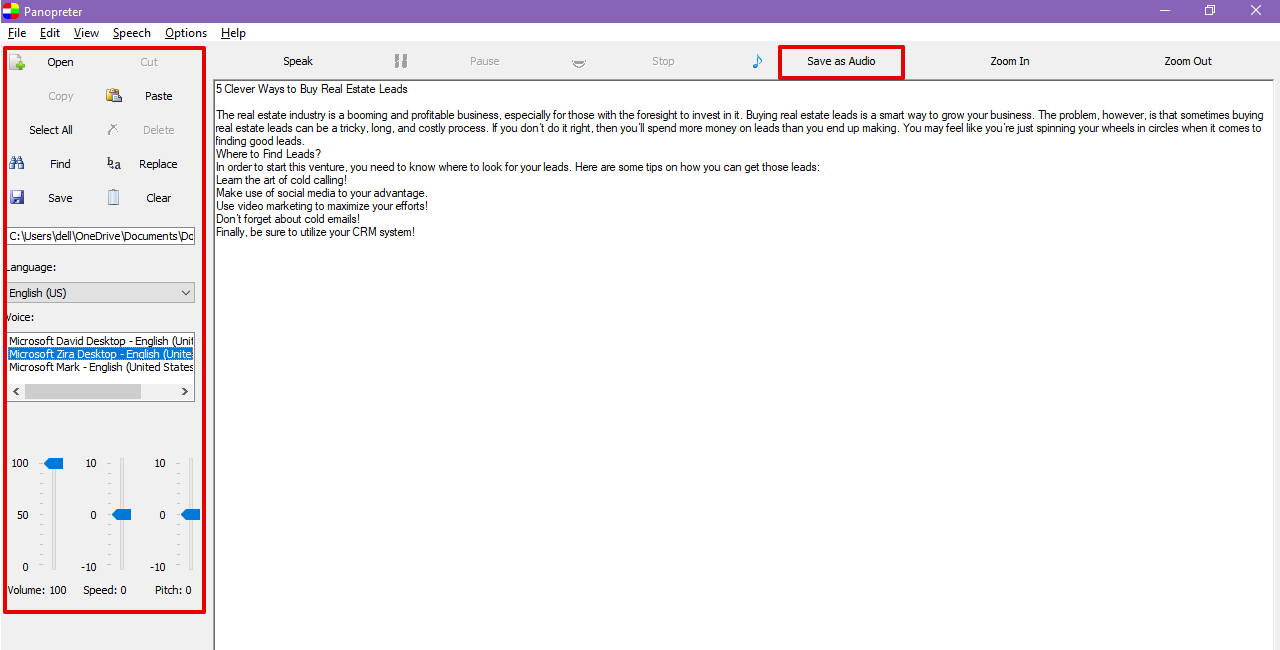 Software TTS Panopreter Basic para uso comercial