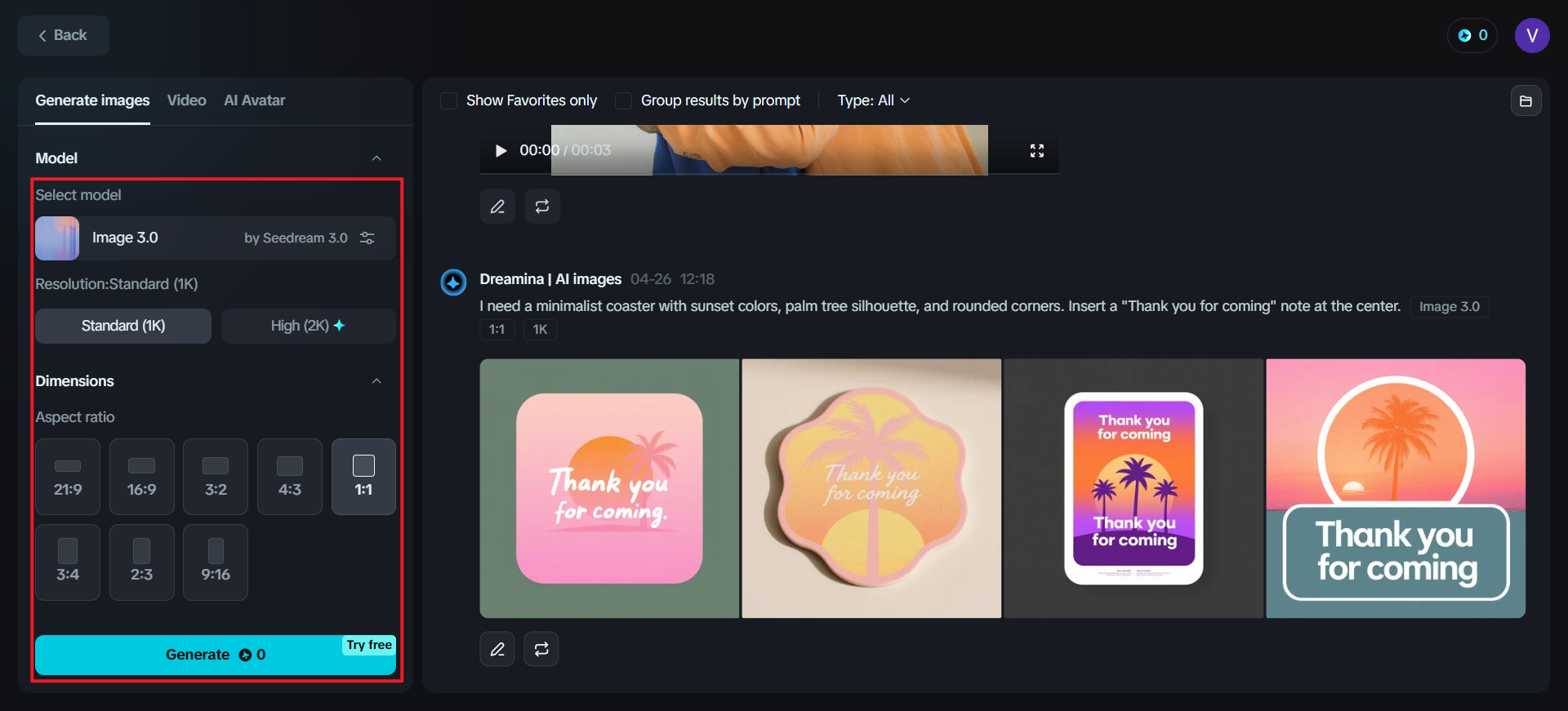 Dreamina: Buat coaster anda sendiri