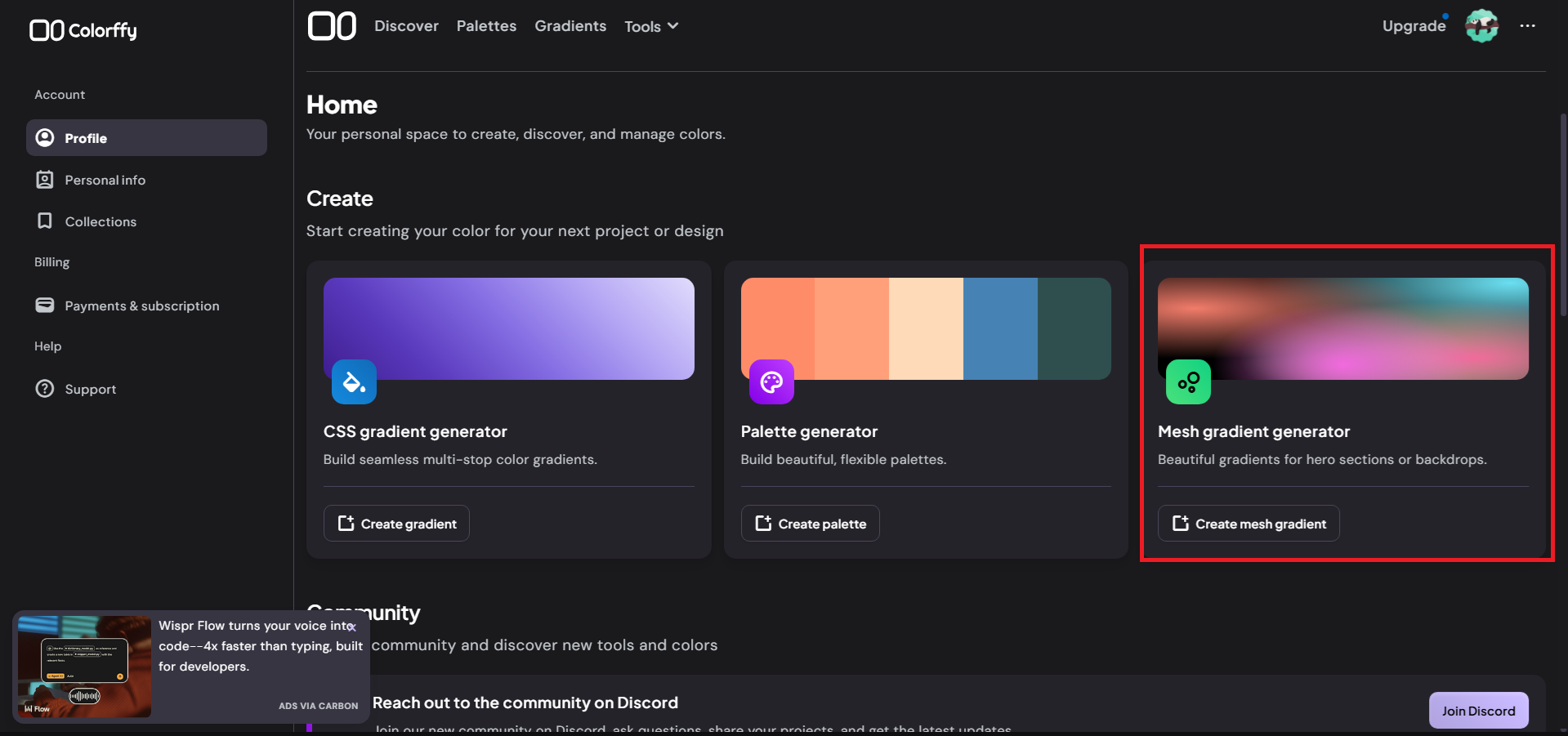 Open the mesh gradient generator on Colorffy