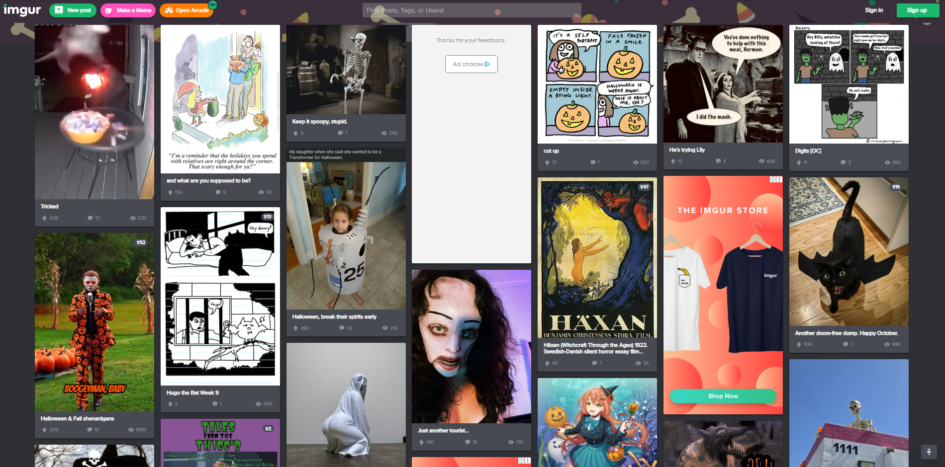 Interface of Imgur - an online place to find Halloween memes