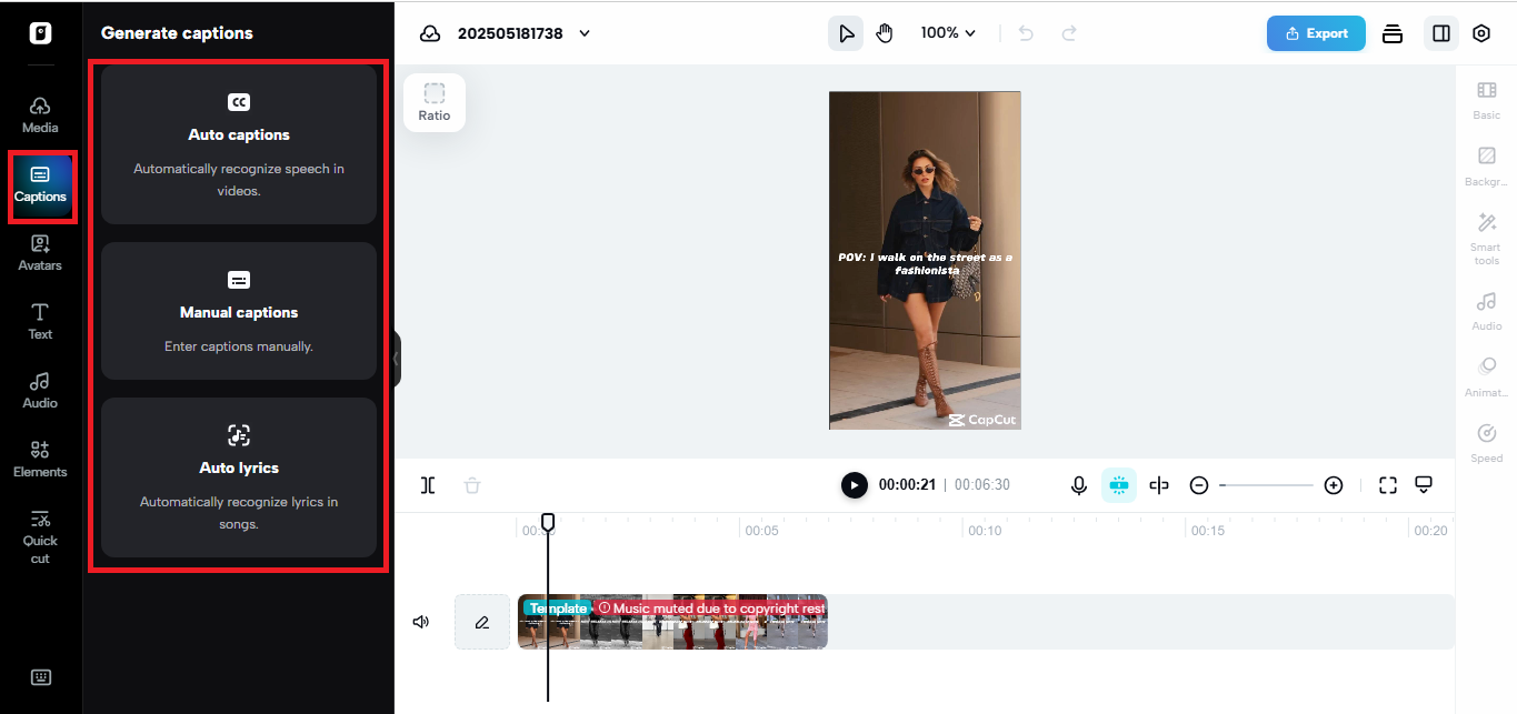 Captioning options in Pippit's video editor
