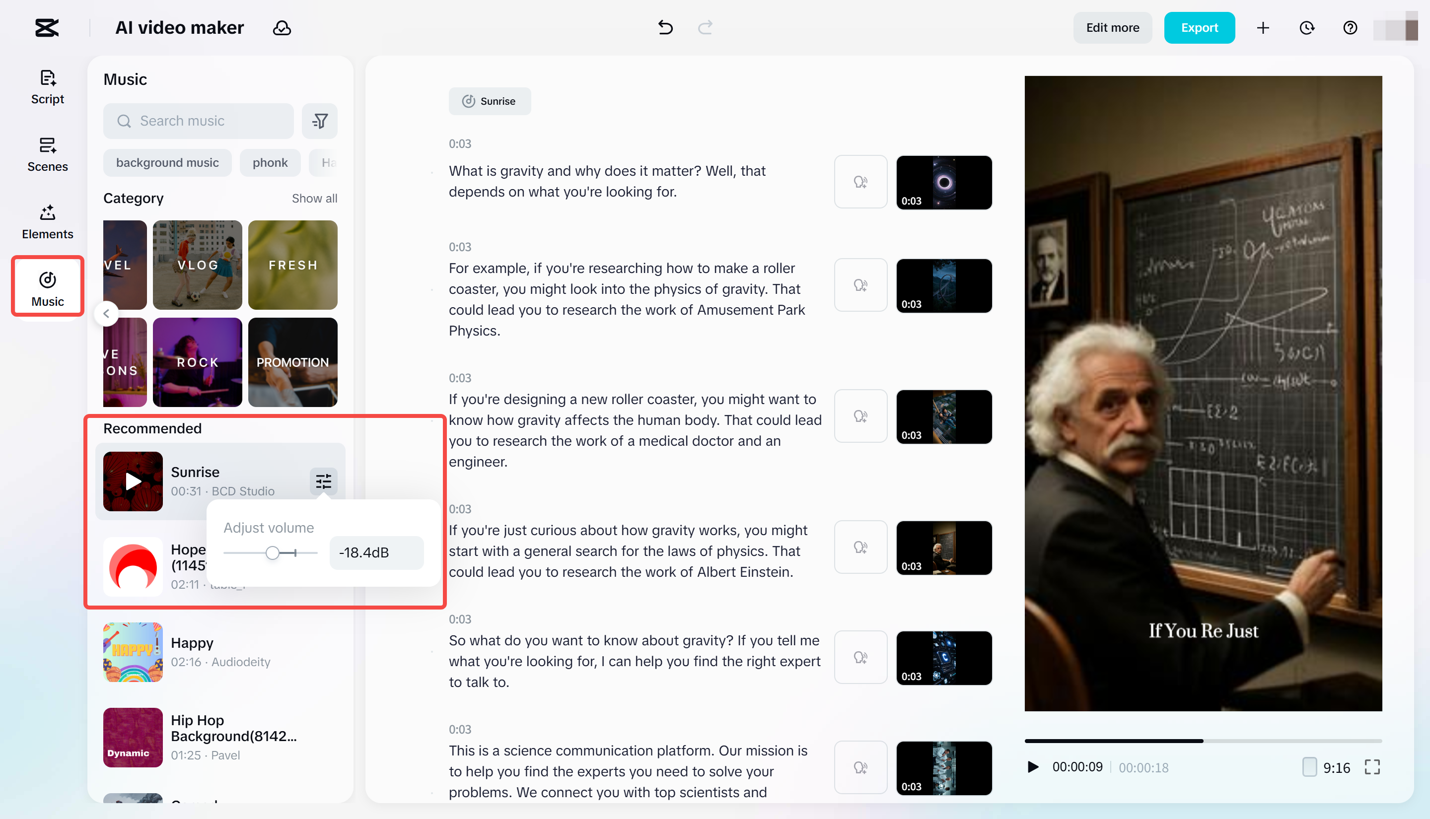 Adding and adjusting music volume in the video in the CapCut Web