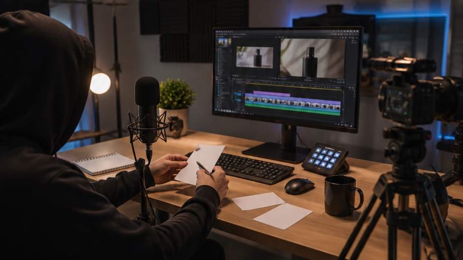 Soligt urbant porträtt av en fiktiv vuxen ansiktslös YouTube-video ansiktslös studio