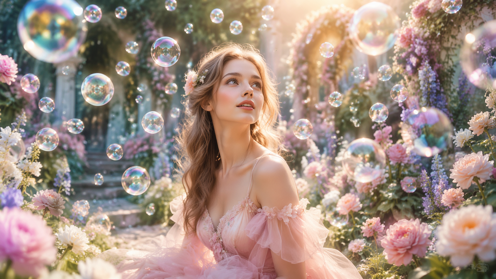 Dreamina เพิ่มฟองอากาศให้กับรูปภาพ: สวนฟองแฟนตาซี