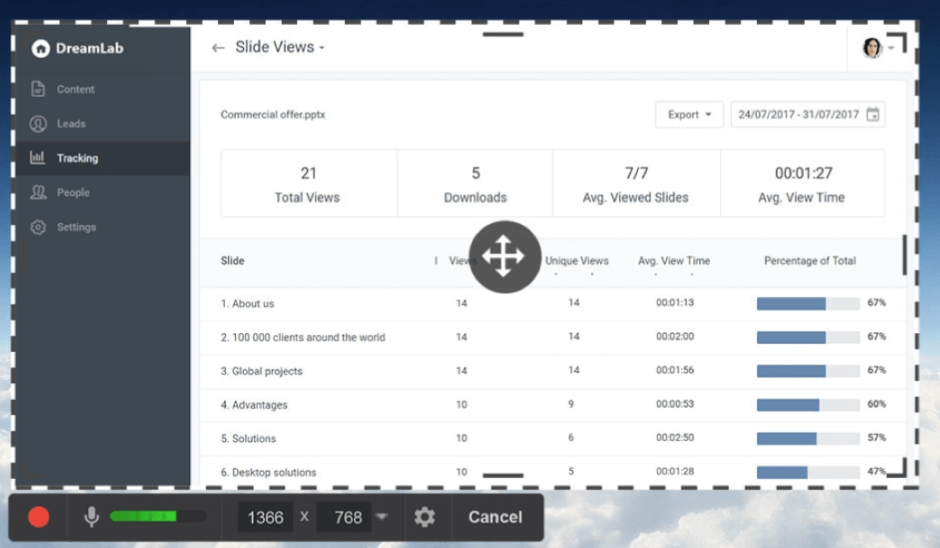 อินเทอร์เฟซของ Free Cam - แล็ปท็อปเครื่องบันทึกหน้าจอที่ดีที่สุดที่มีให้ดาวน์โหลดฟรี