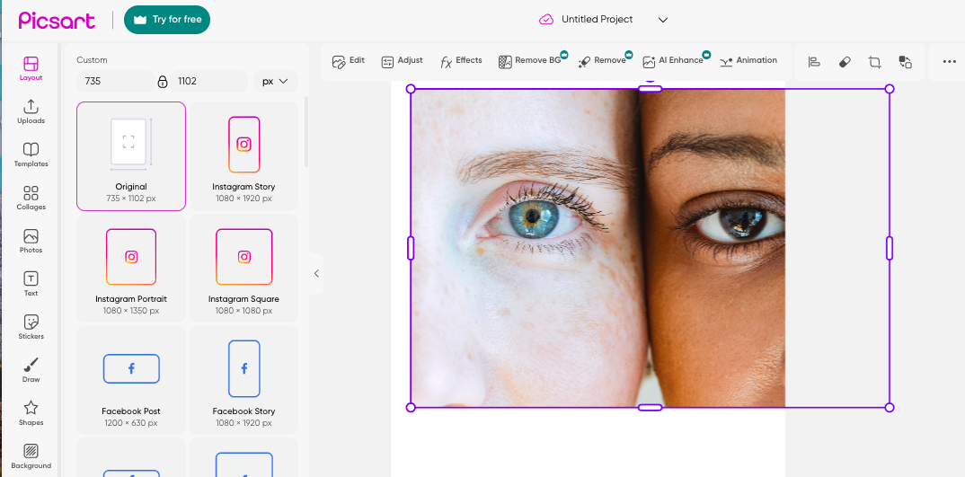 Interface of Picsart - a versatile and free online AI photo editor