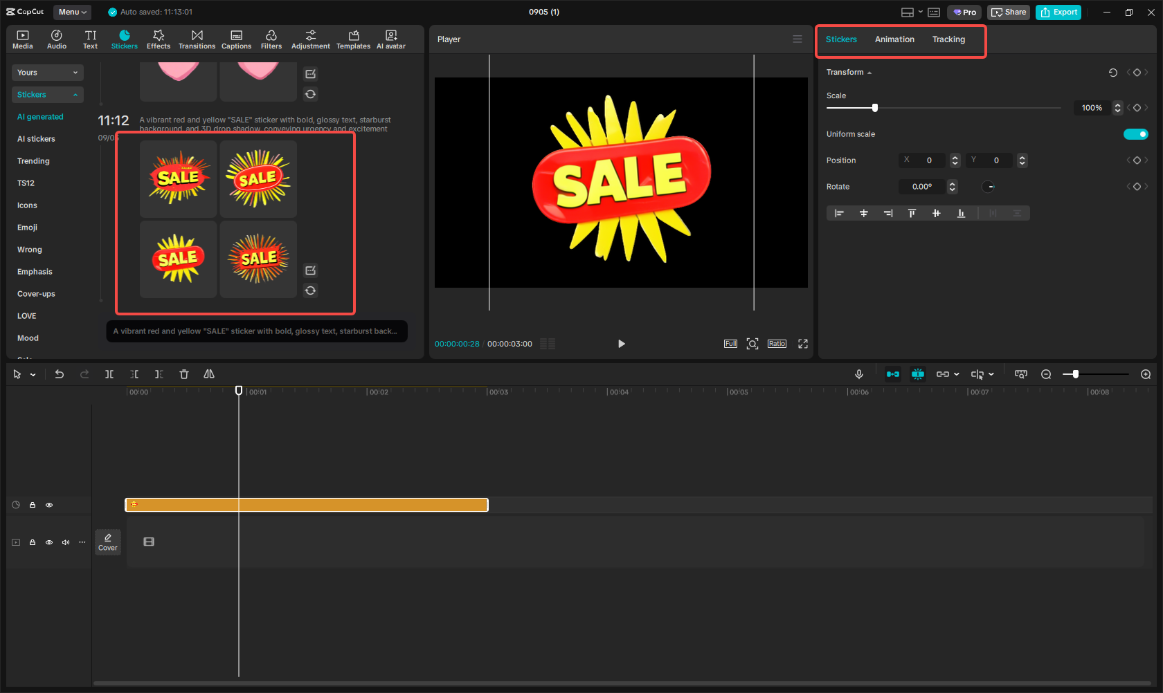 Editing the AI-generated sale sticker in CapCut