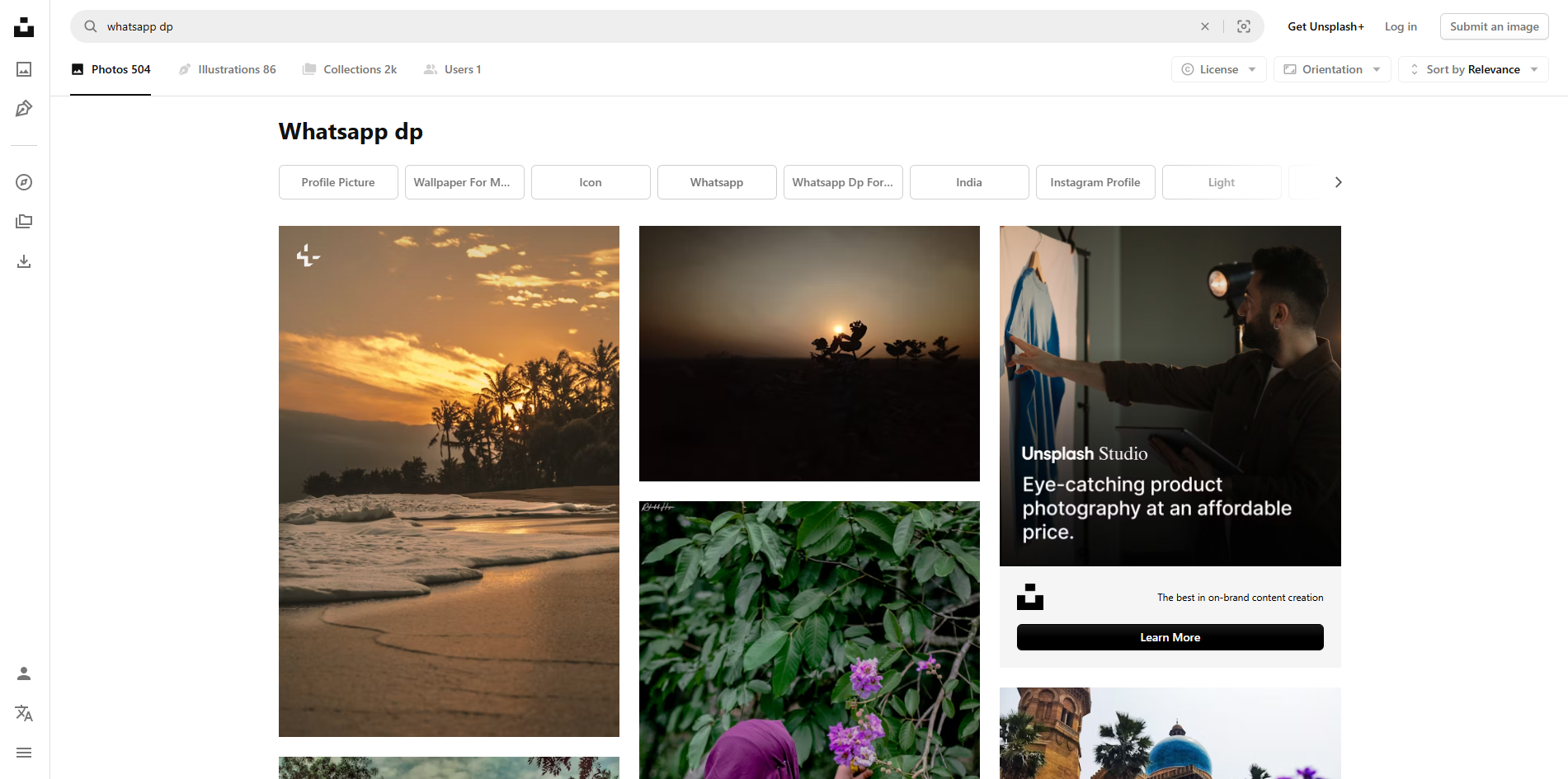 Unsplash arayüzü - Erkekler için WhatsApp profil fotoğrafı indirmek için iyi bir site.