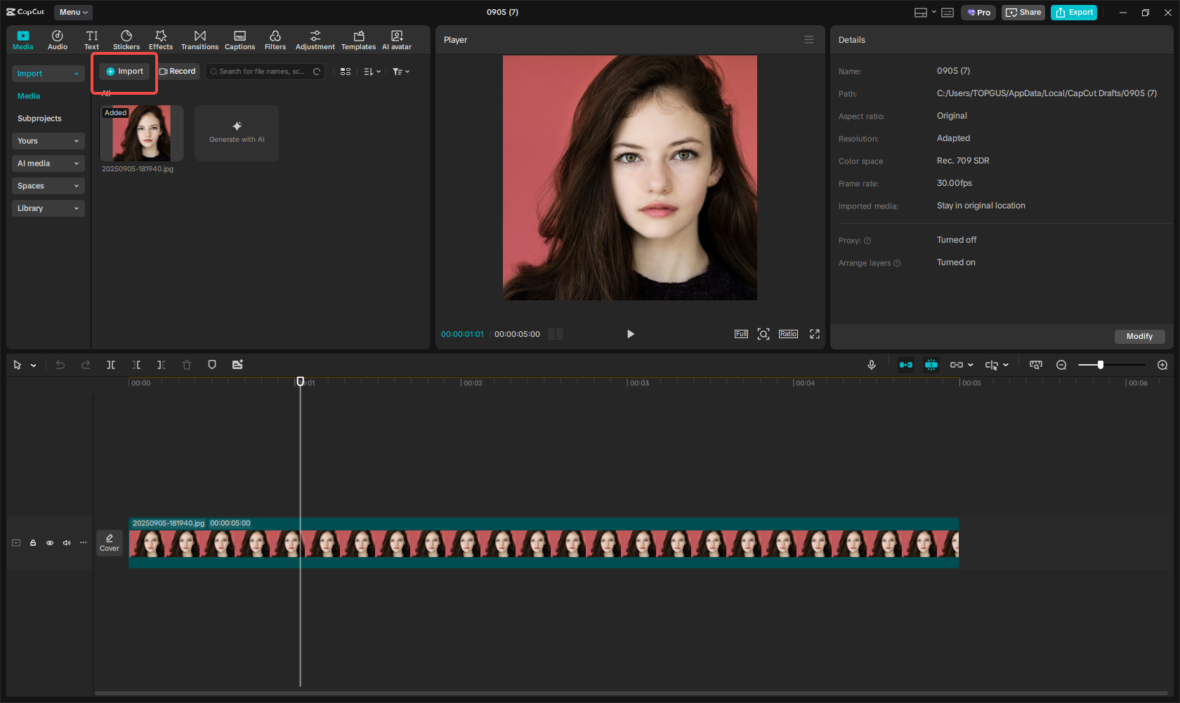 Clicca su import per inserire la tua immagine