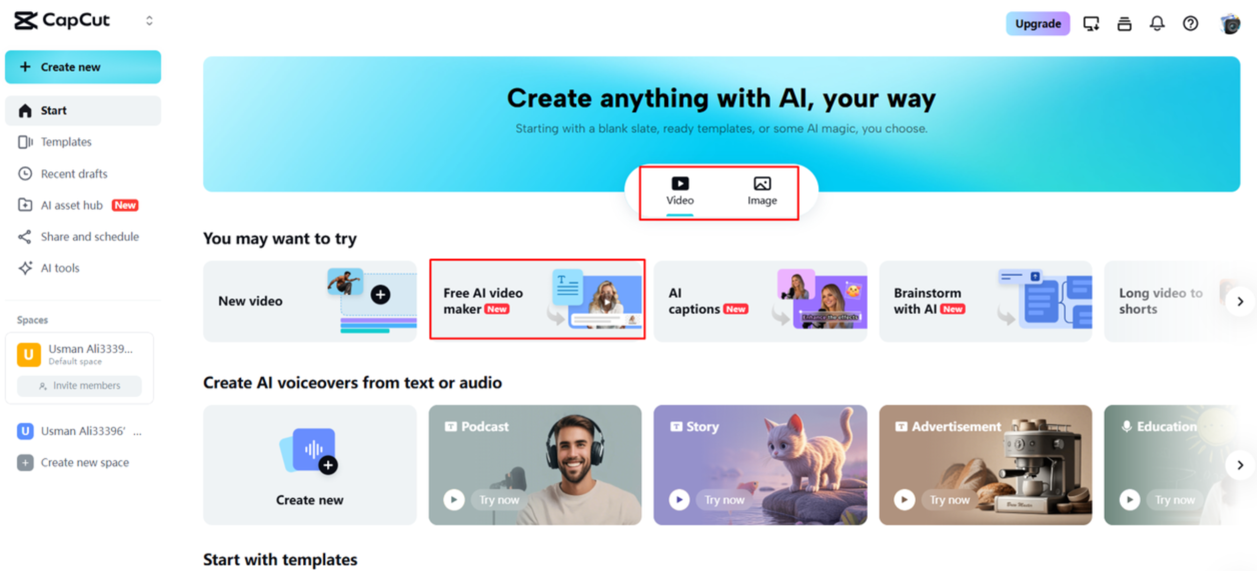 Opening the AI video maker in CapCut Web