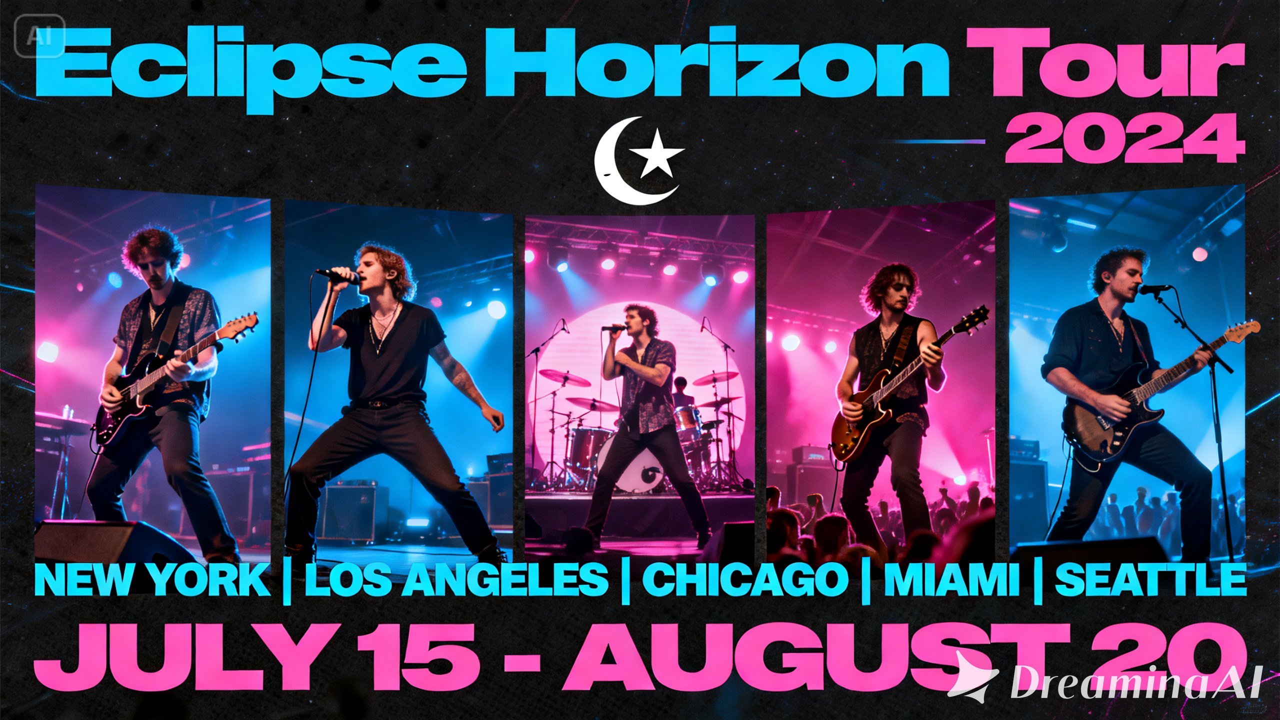 樂隊巡演海報包含樂隊標誌、巡演日期以及樂隊成員的高質量照片。