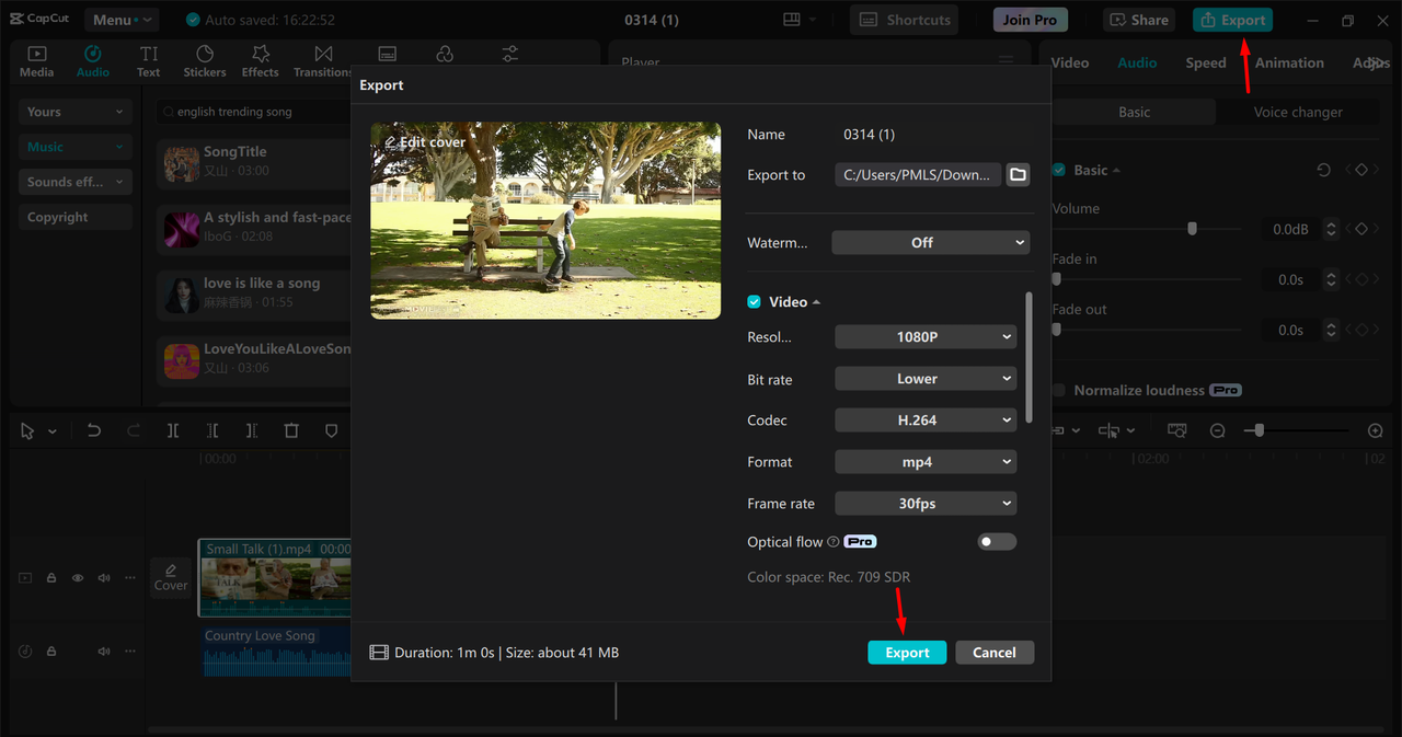 Exporting the video from the CapCut desktop video editor