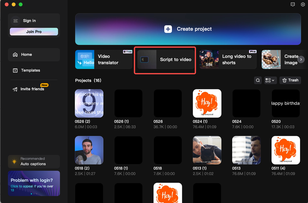 Launch CapCut's script to video maker.