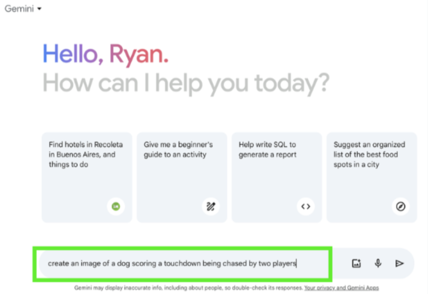 Saisie d'une invite de texte dans le générateur d'images Gemini IA