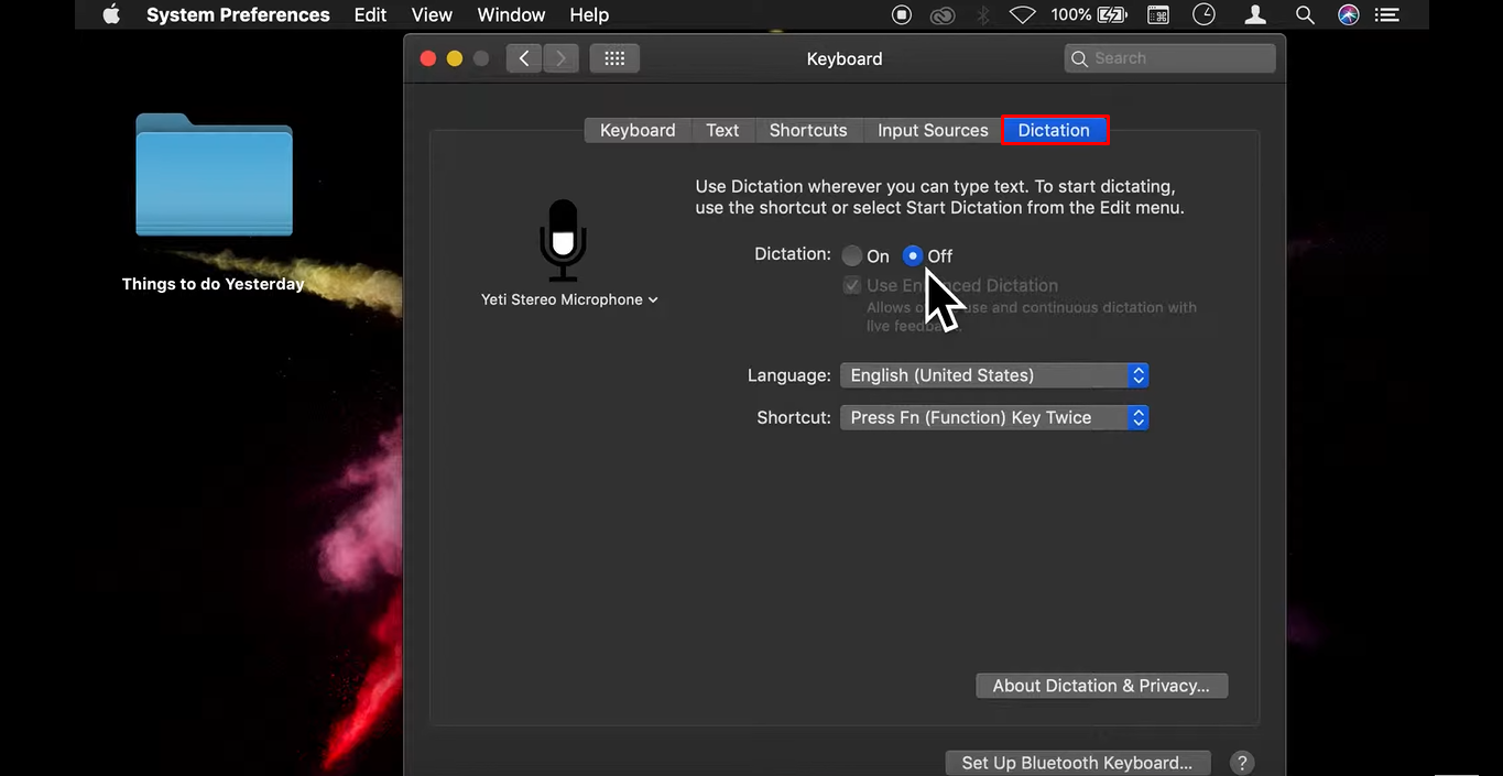 Disabling speech to text on Macbook