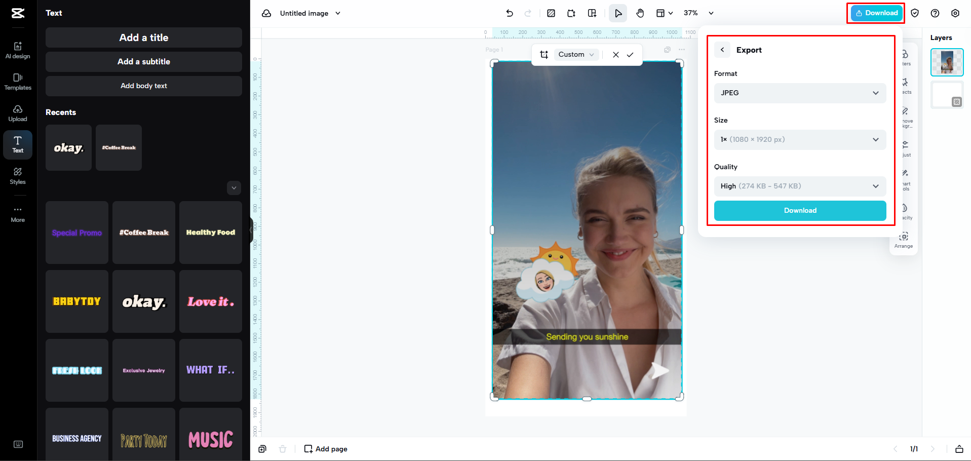 Exporting the image from CapCut Web