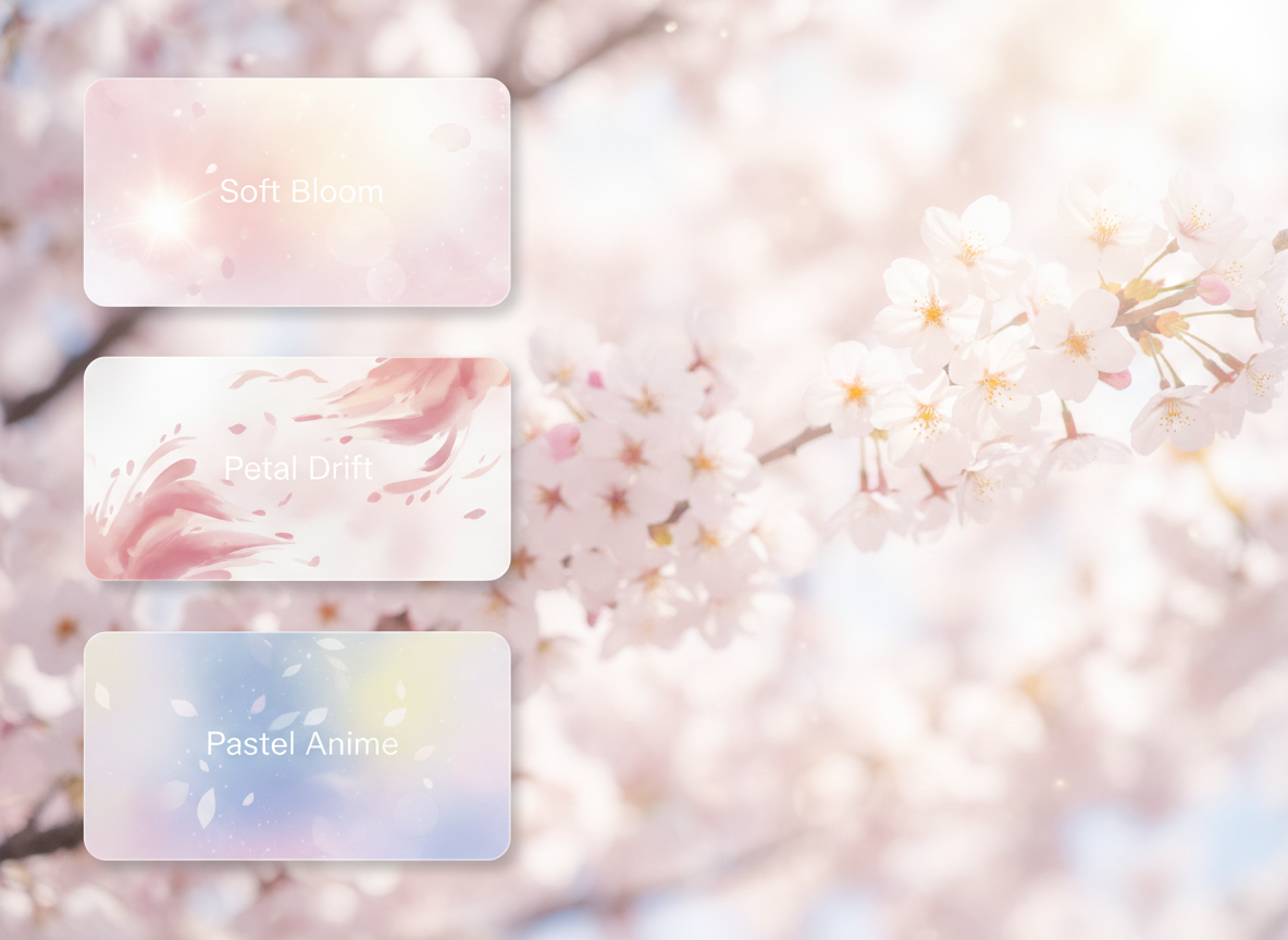 Dreamy spring preset look with blossoms, blur and glow hints, pastel mood, minimal preset cards aesthetic