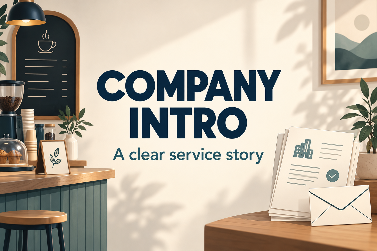 Company intro cover with a cafe counter and the title A clear service story