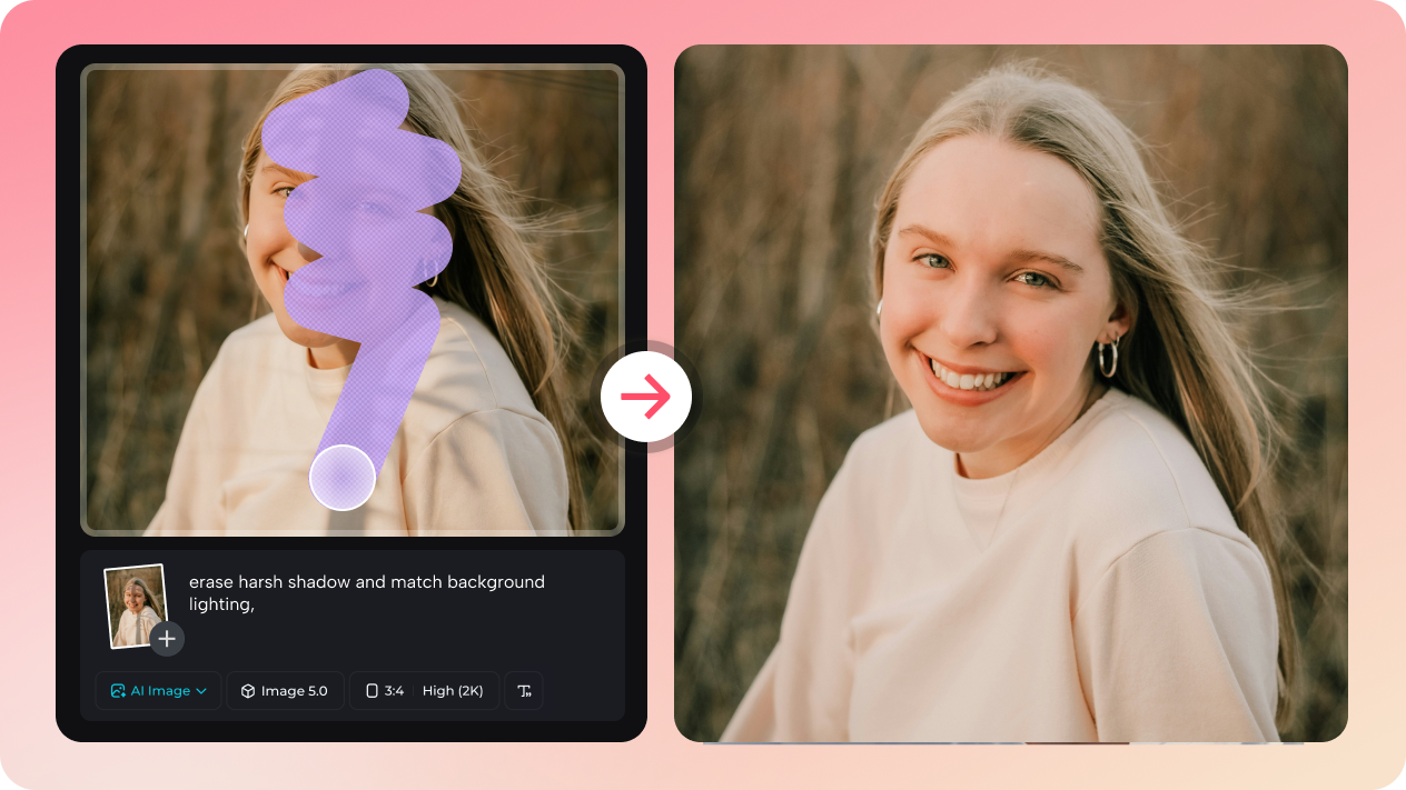 Delete unwanted shadows instantly with AI remover