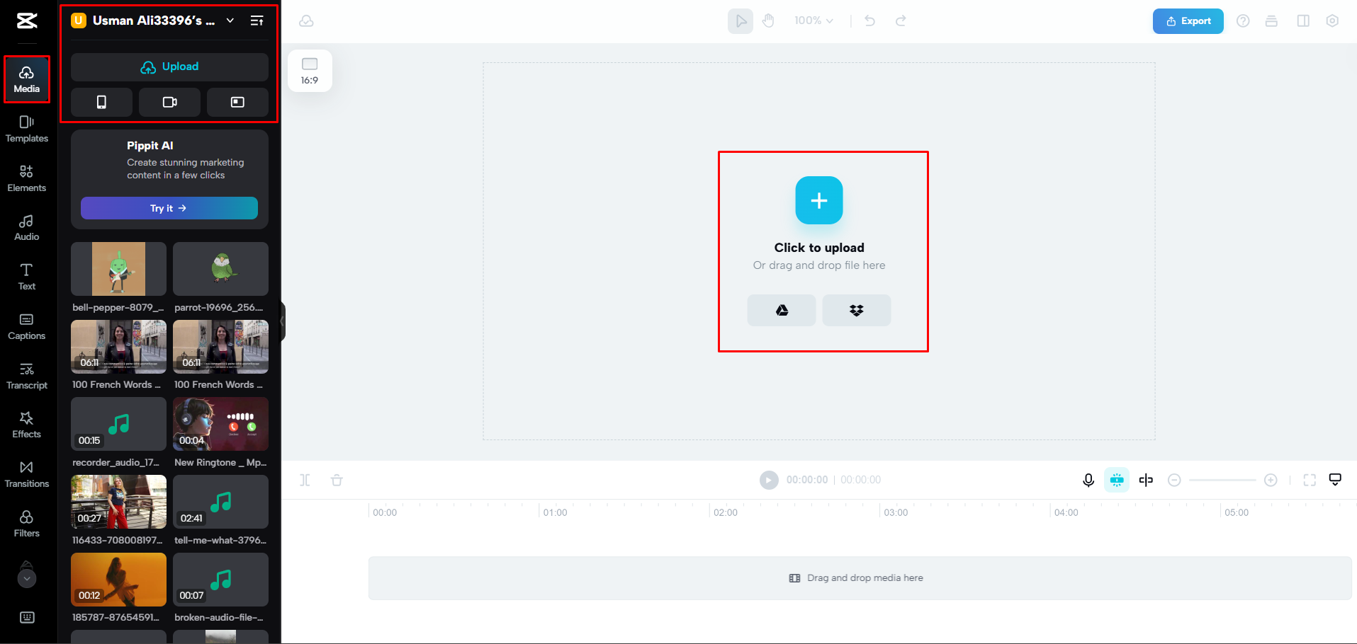 CapCut Web'e bir video yükleme