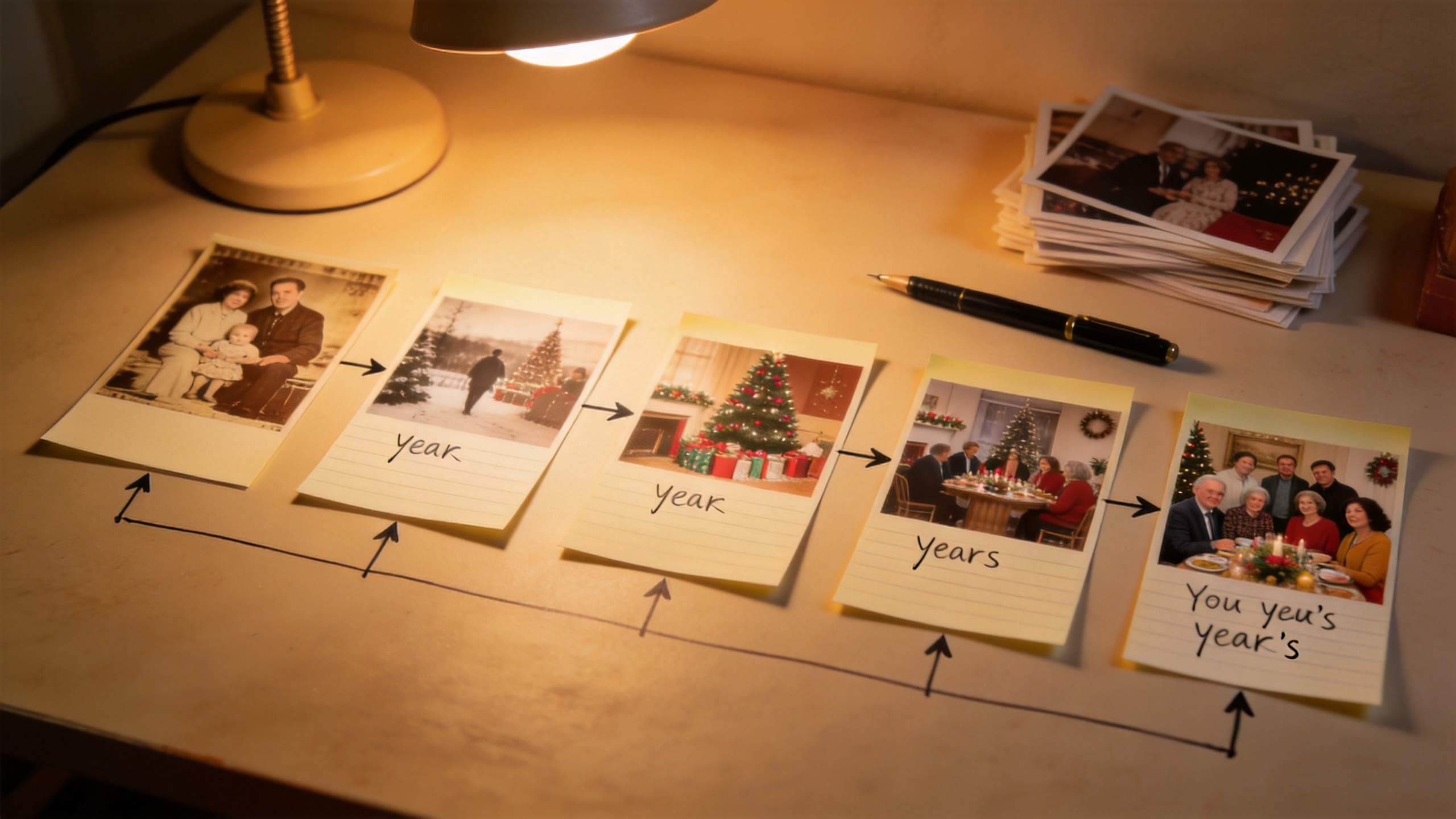 Five holiday photos arranged in a timeline on a desk under a lamp