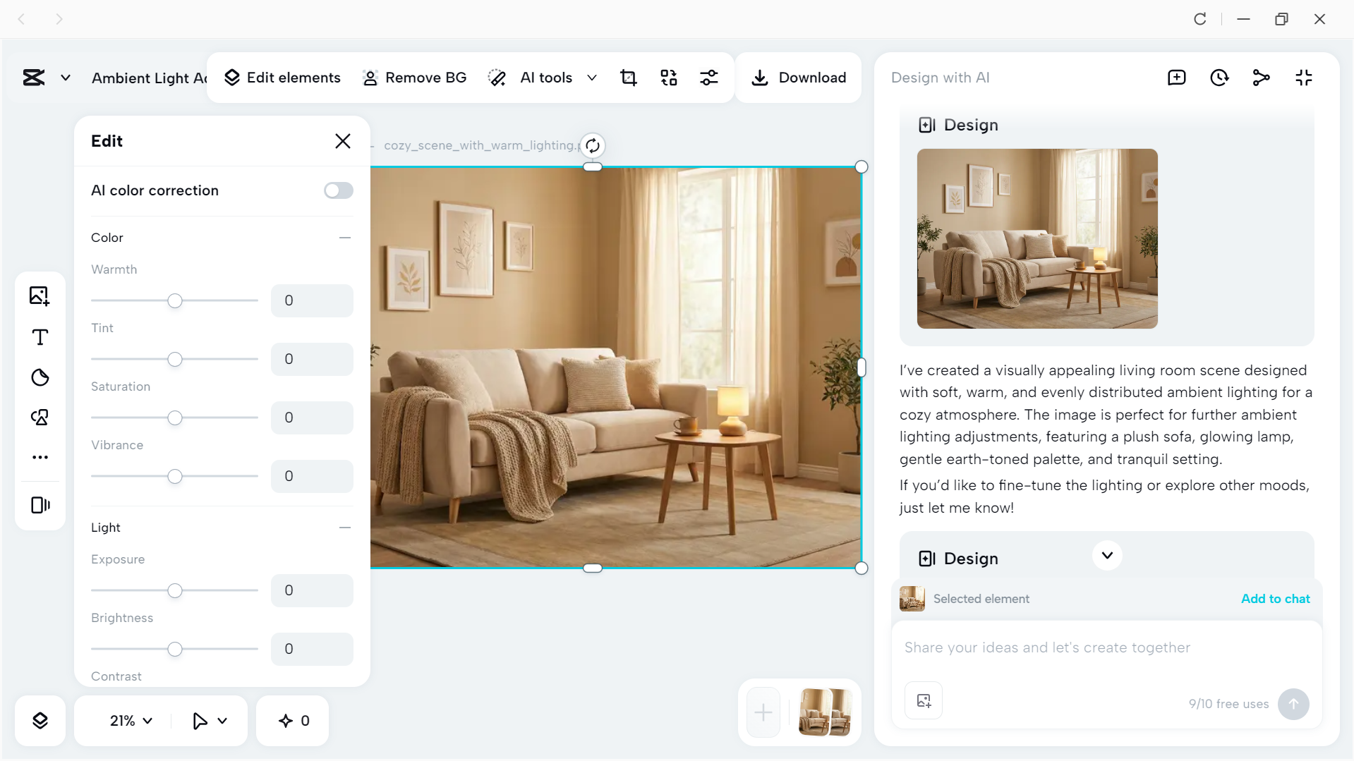 Modify ambient lighting in photos using CapCut's AI design