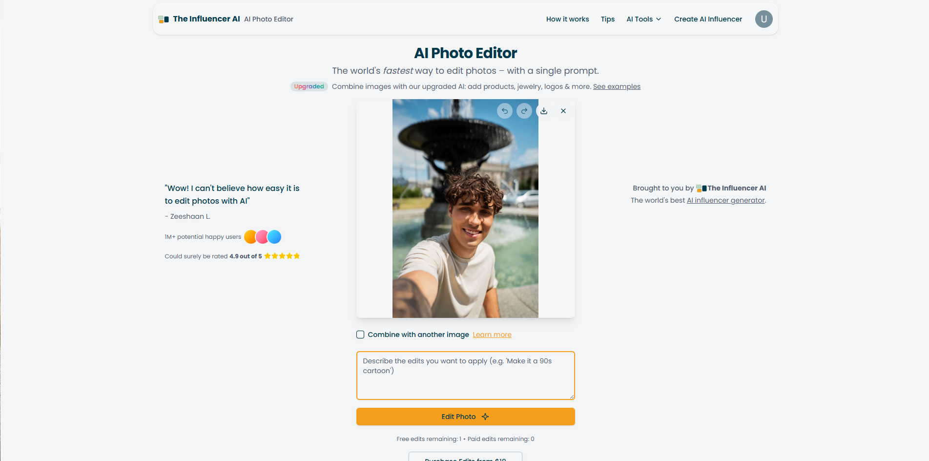 Interface de The Influencer IA - un éditeur de photos IA efficace avec des invites