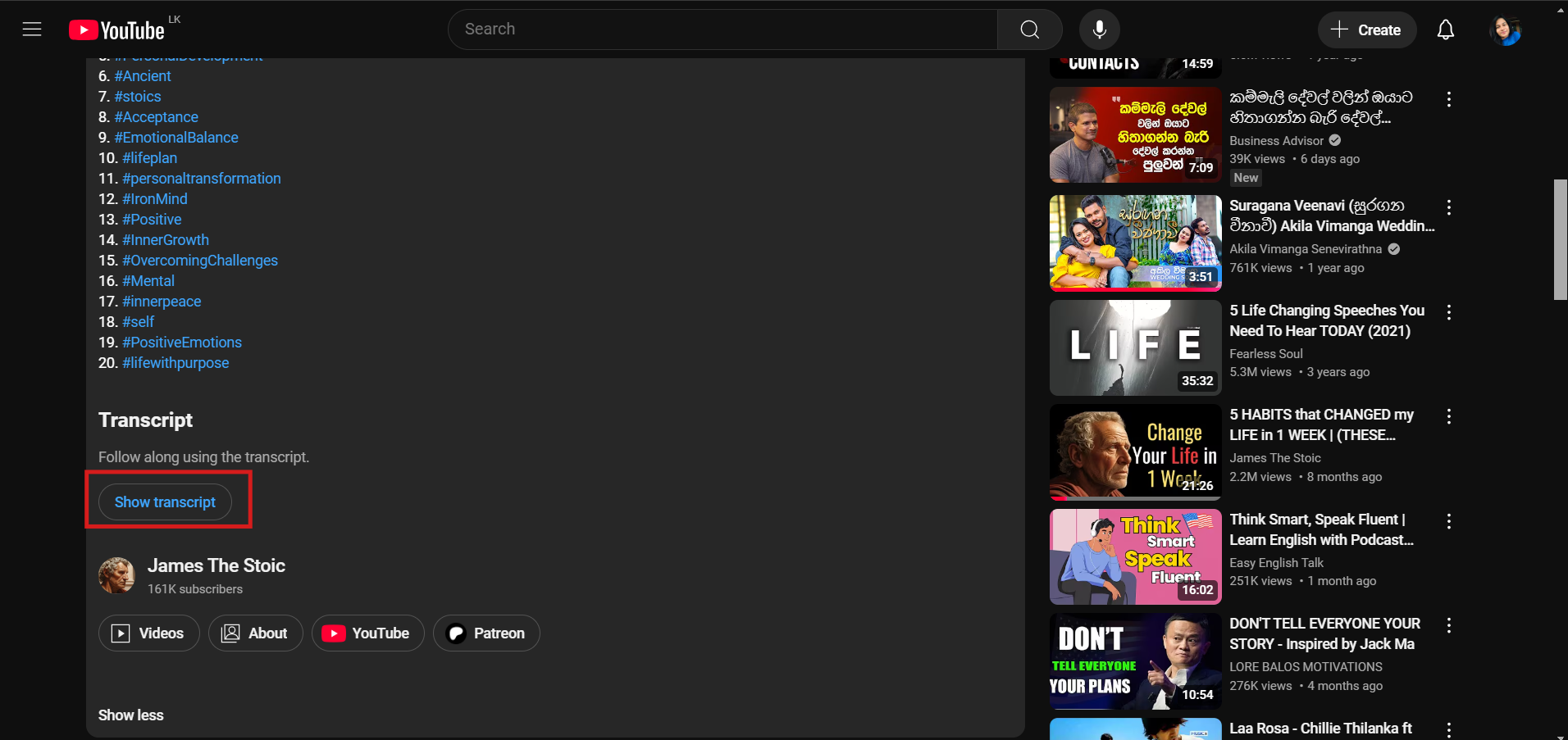 how to get transcript of youtube video using Show Transcript