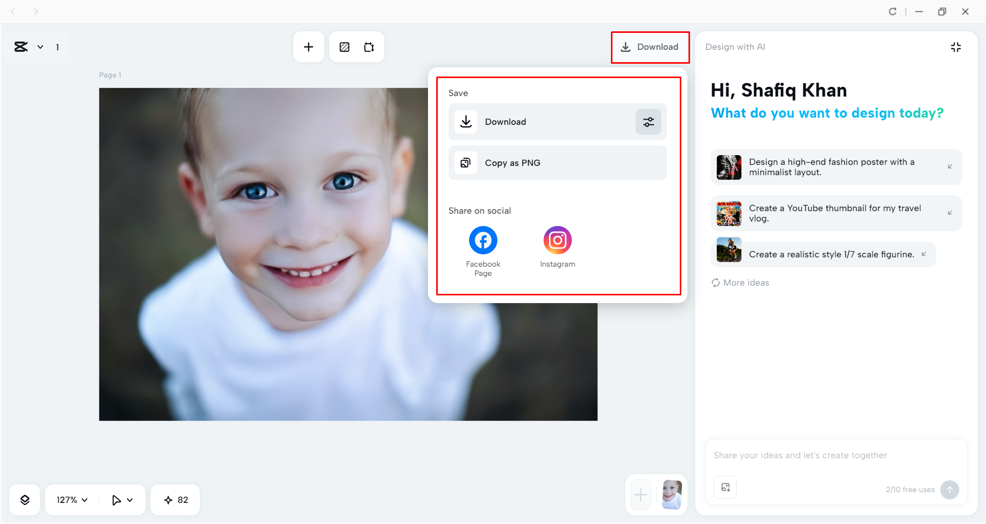 Downloading the image from the CapCut desktop video editor