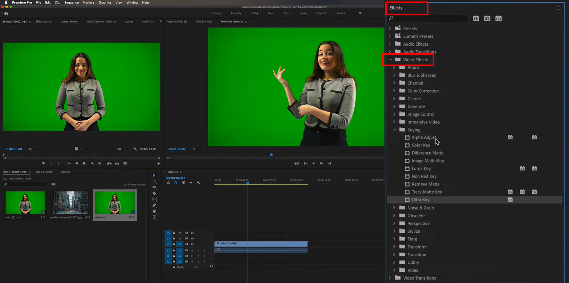 Opening the effects panel in Premiere Pro