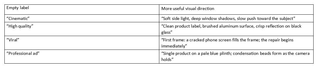 Table comparing vague labels with more useful visual direction for prompts
