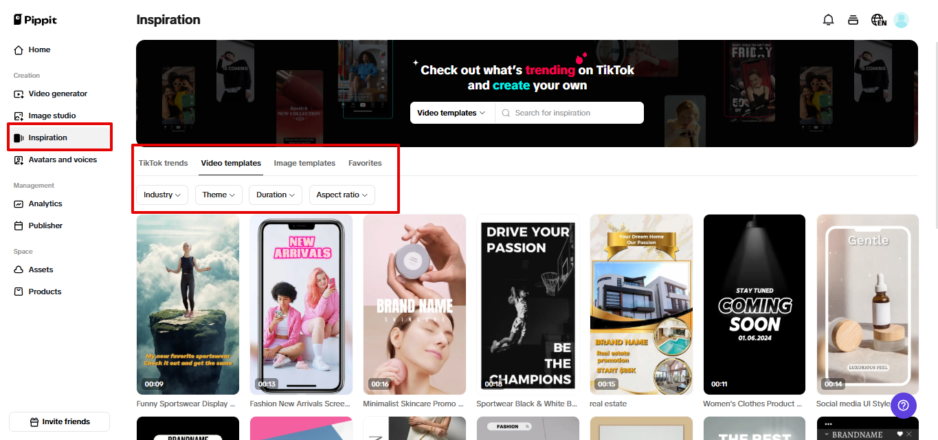 Preset templates in Pippit