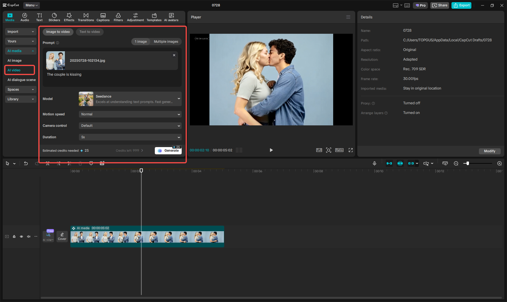 Using CapCut's Image to video feature