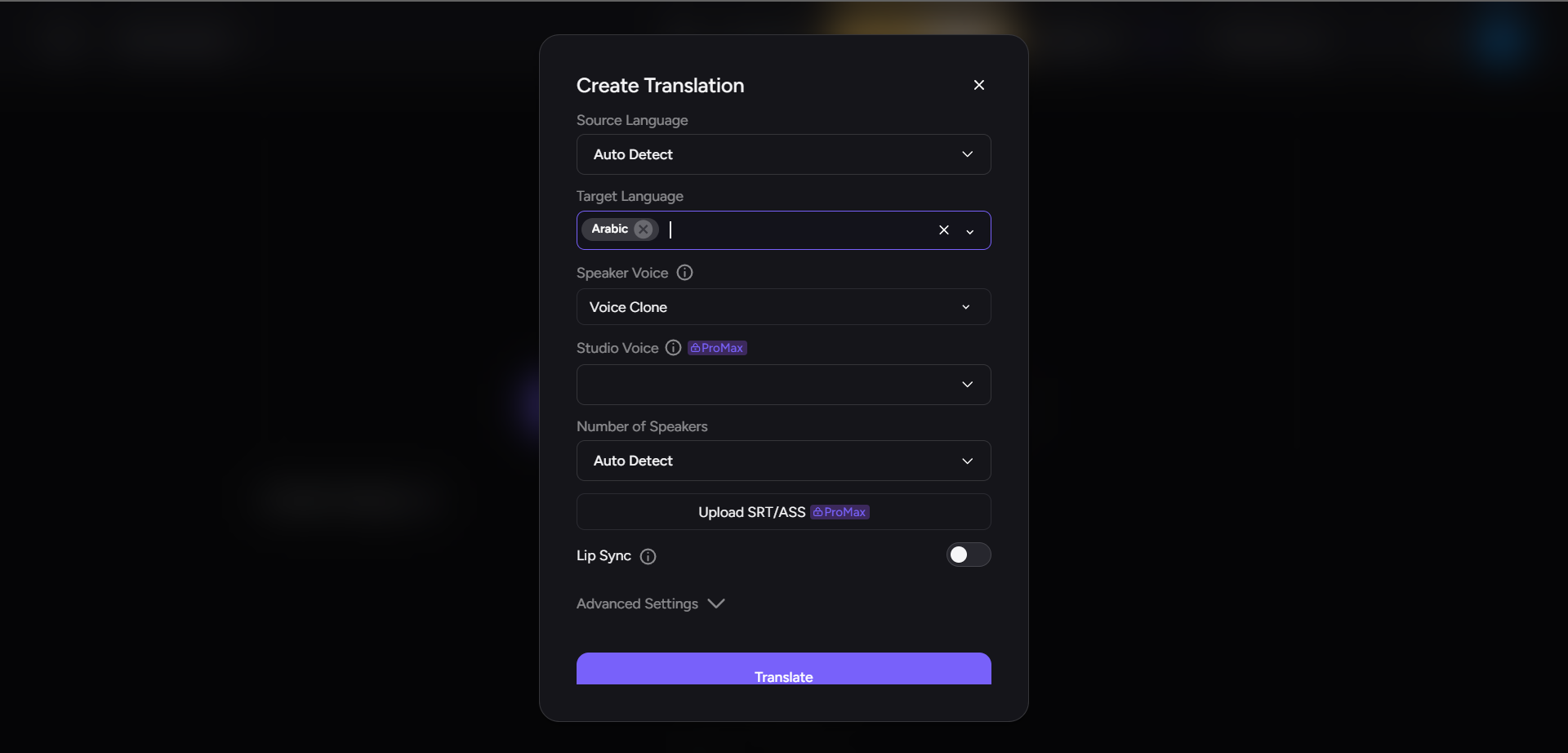 Select target language in Akool video translator