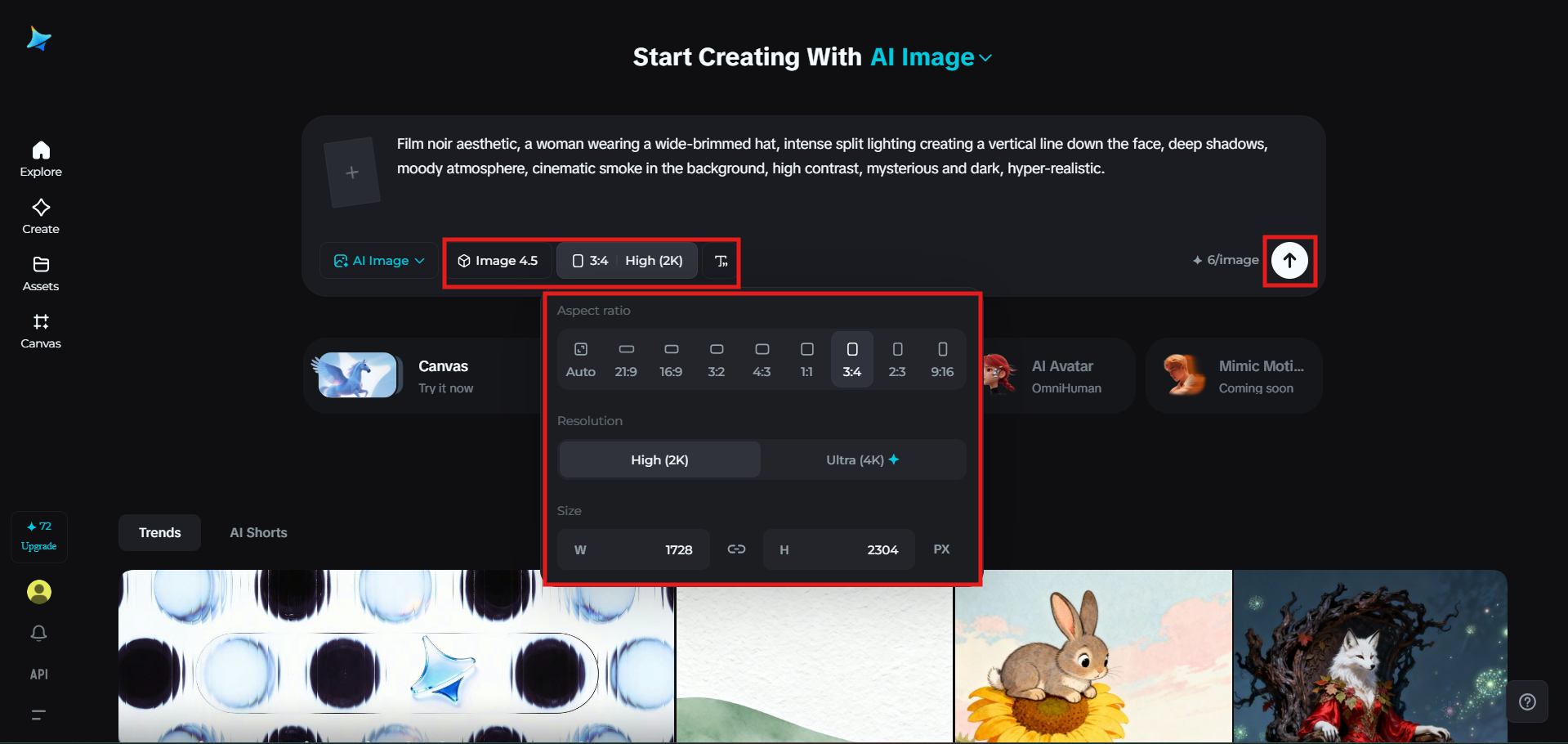 Choose the image model and portrait settings