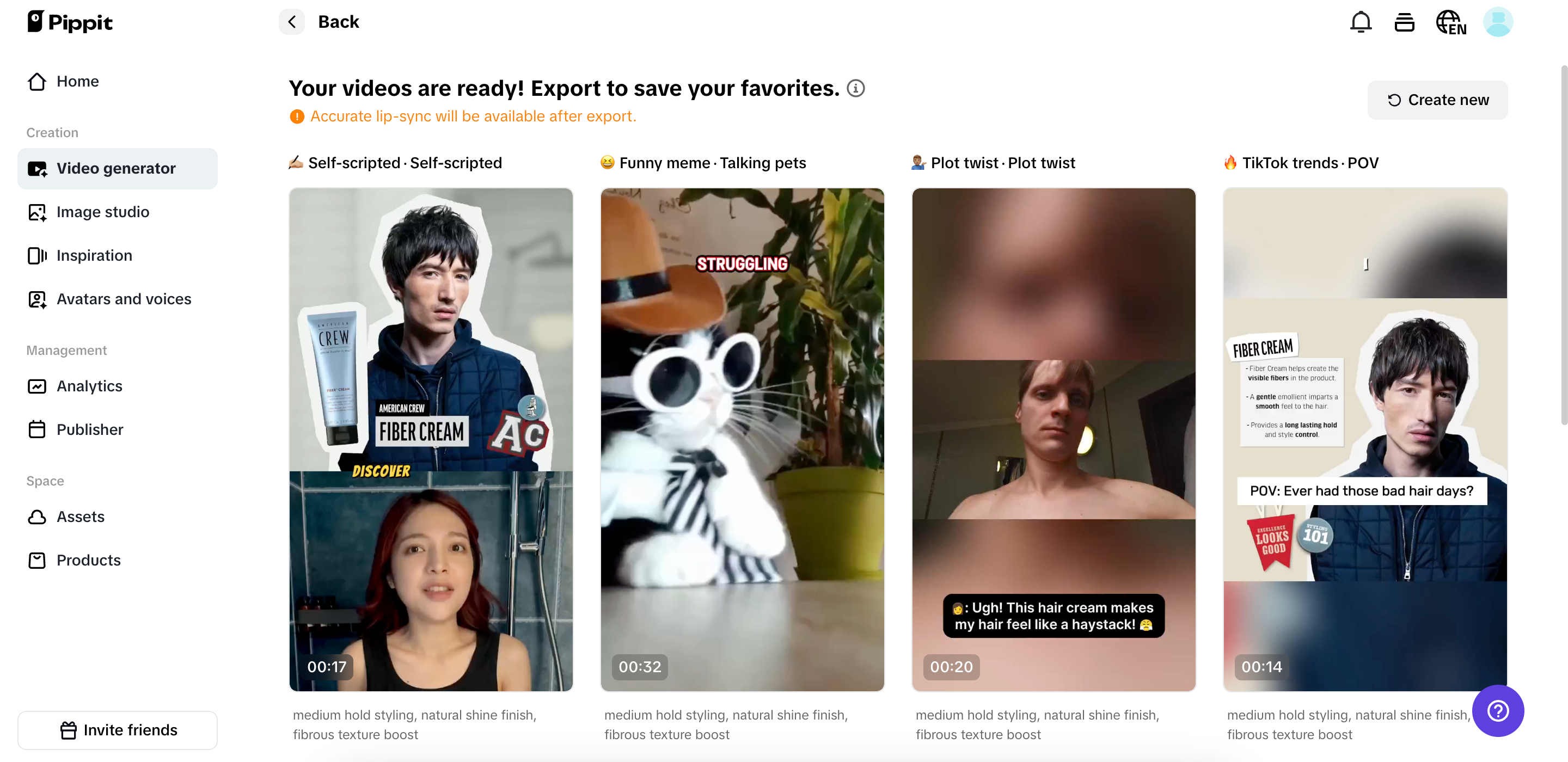 Selecione seu vídeo gerado preferido