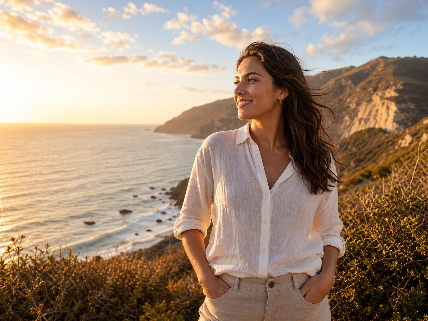Adult woman in a golden-hour coastal travel portrait