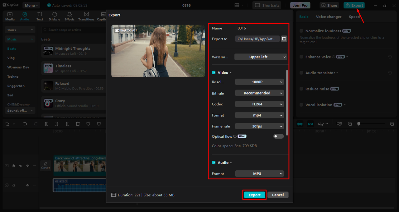 Exportar um vídeo do editor de vídeo para desktop CapCut