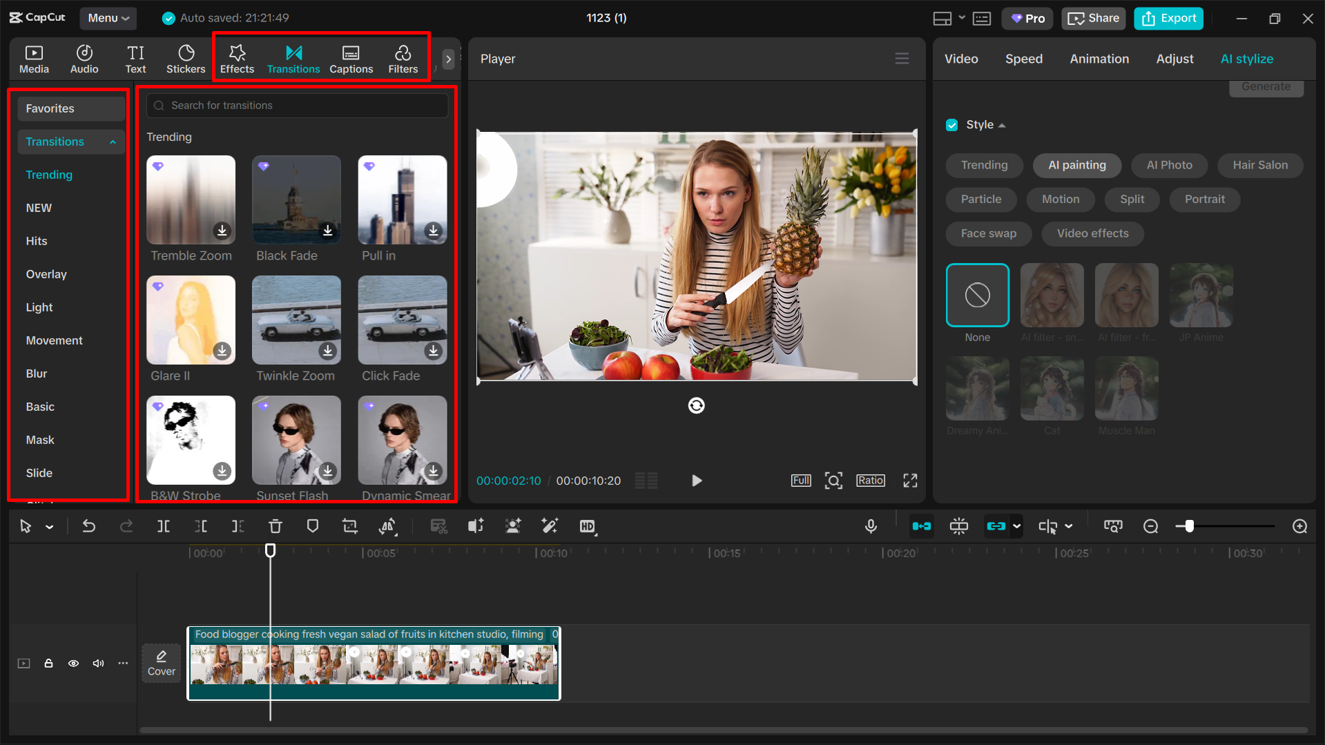 Adding transitions, effects, and filters to the video using CapCut