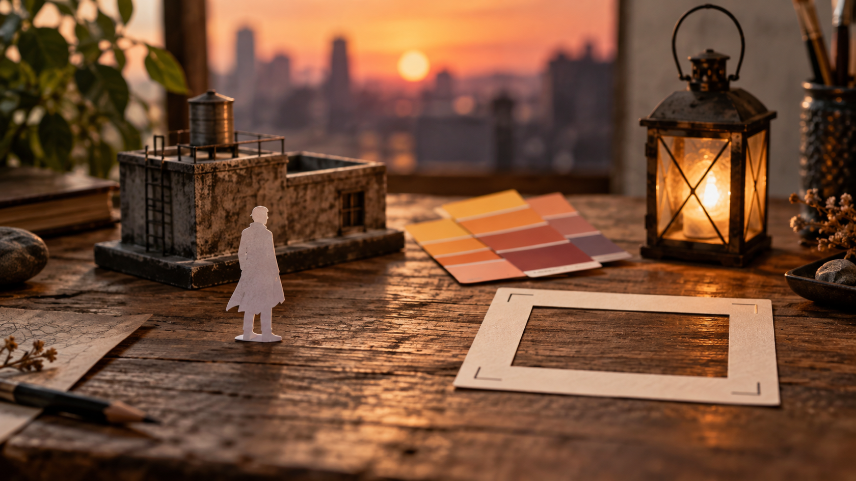 A physical planning tabletop with an adult figure rooftop miniature color swatches lantern and blank viewfinder card