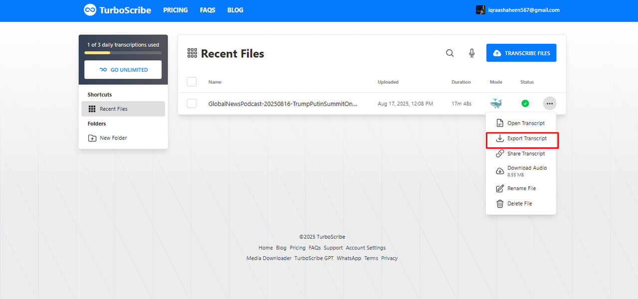 Esporta il file di trascrizione di Turboscribe sul tuo dispositivo
