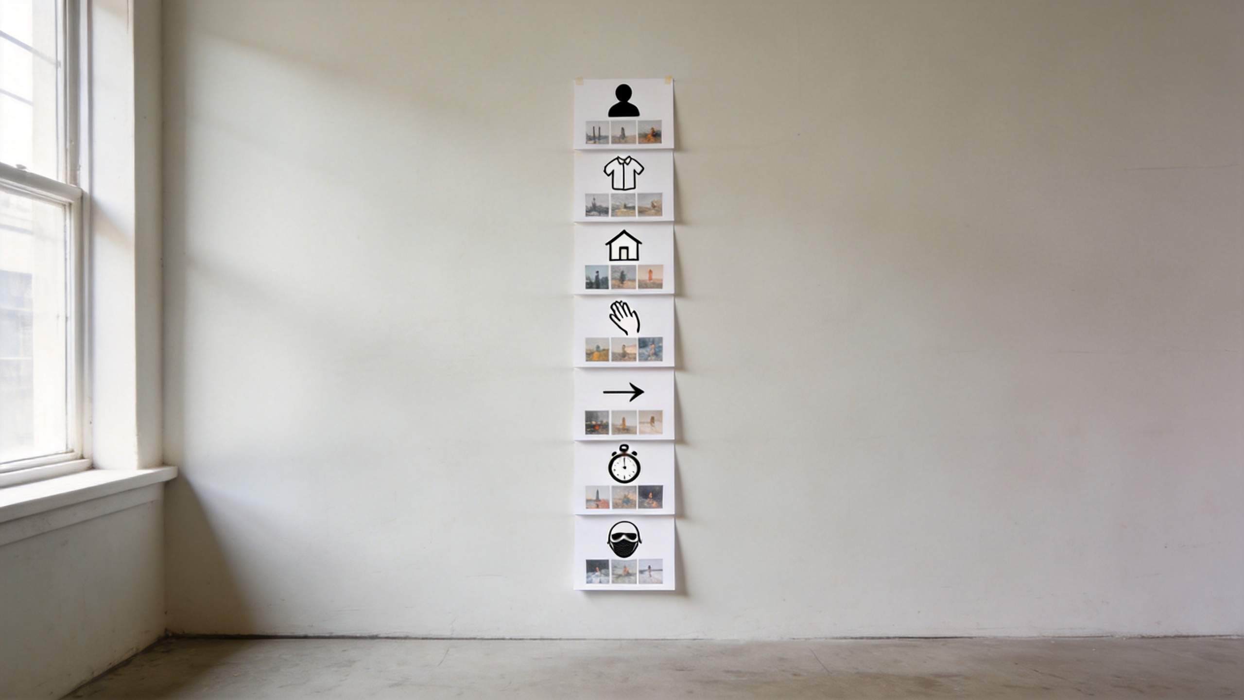 Stack of storyboards with icons on a blank wall beside a window