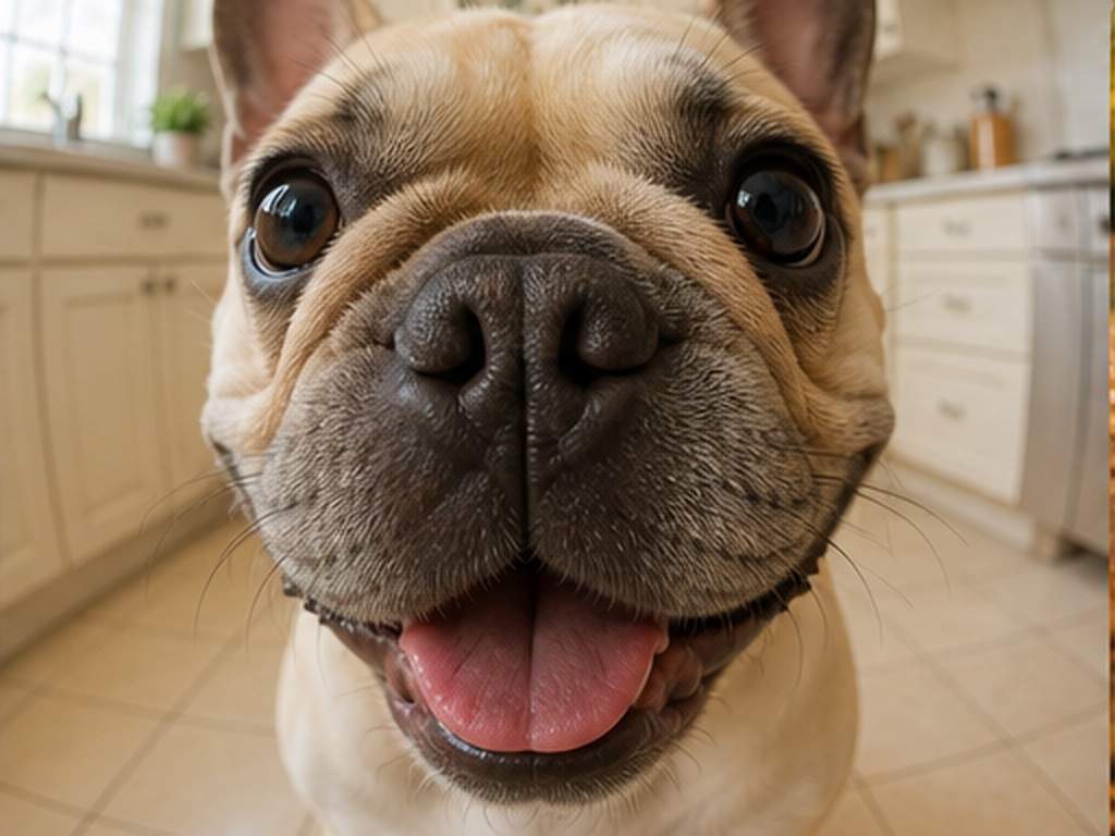 Fisheye Pet Photo AI Prompts prompt Beispiel 5 - Französische Bulldogge Küche