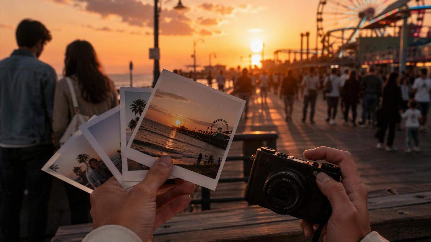 Realistic cinematic visual for August Dump 2026 Aesthetic: sunset boardwalk memories, topic-specific Dreamina prompt preview with no text, UI, logo, or watermark.