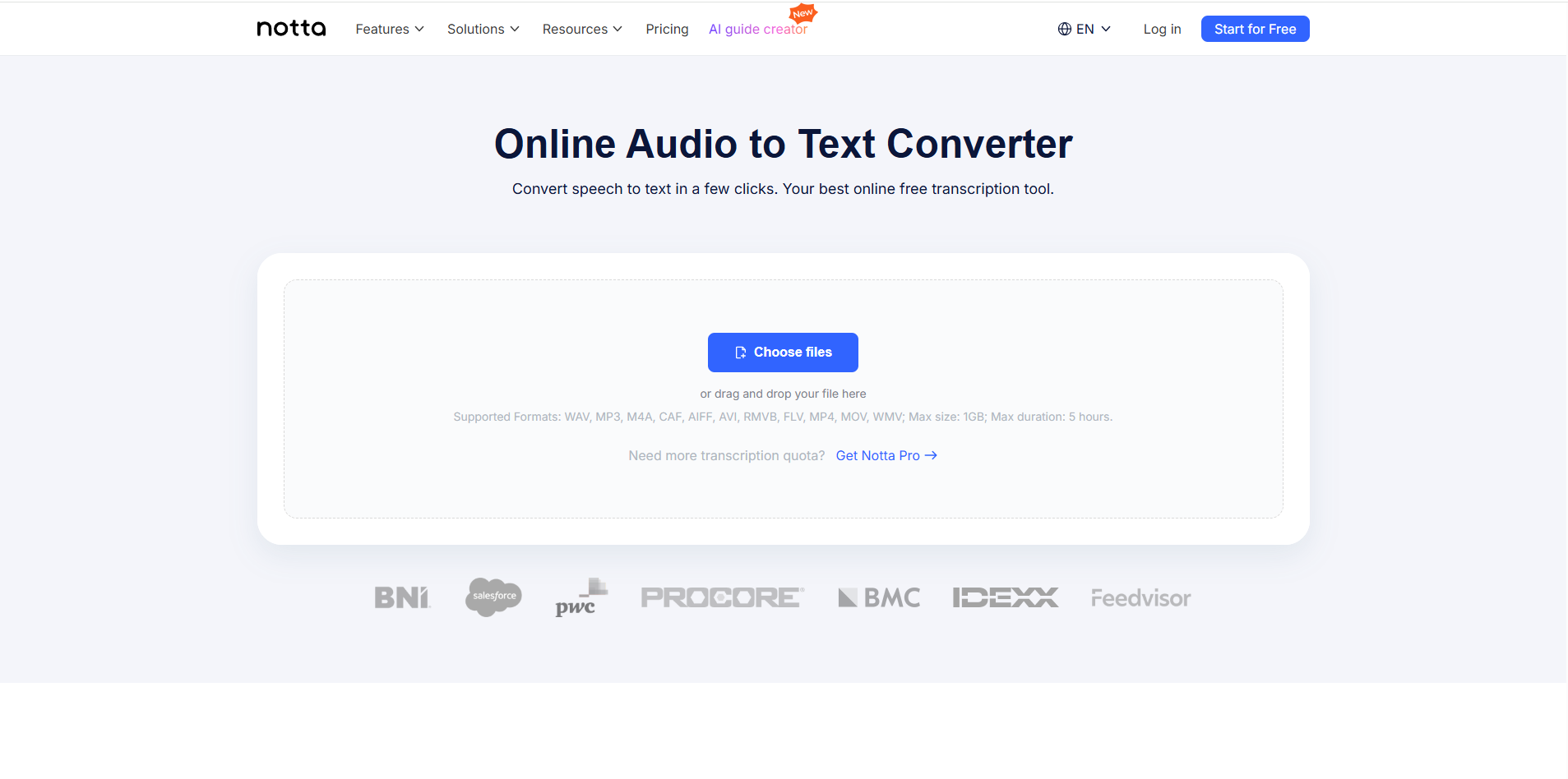 Interface of Notta - the most liked online audio to text converter