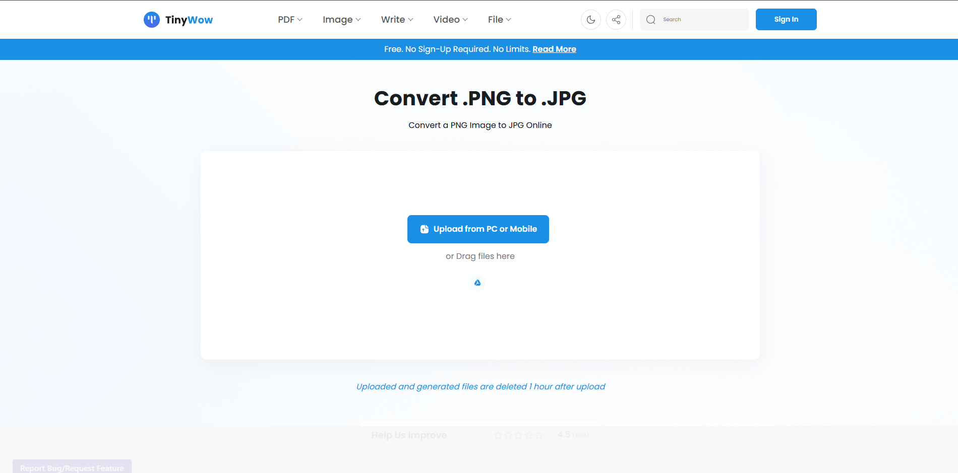 Interface of TinyWow - the perfect PNG to JPG converter