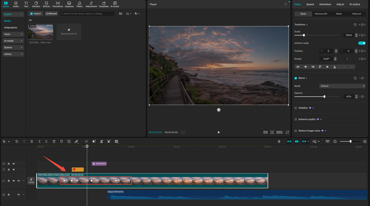 The Keyframe in the Video Edition of CapCut PC