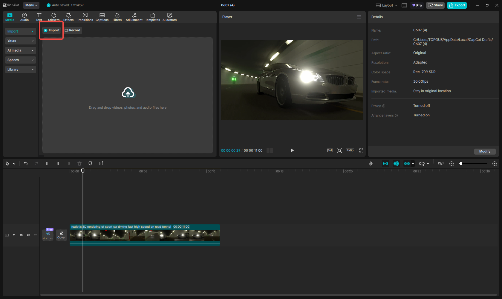 Import the action-rich clip to CapCut