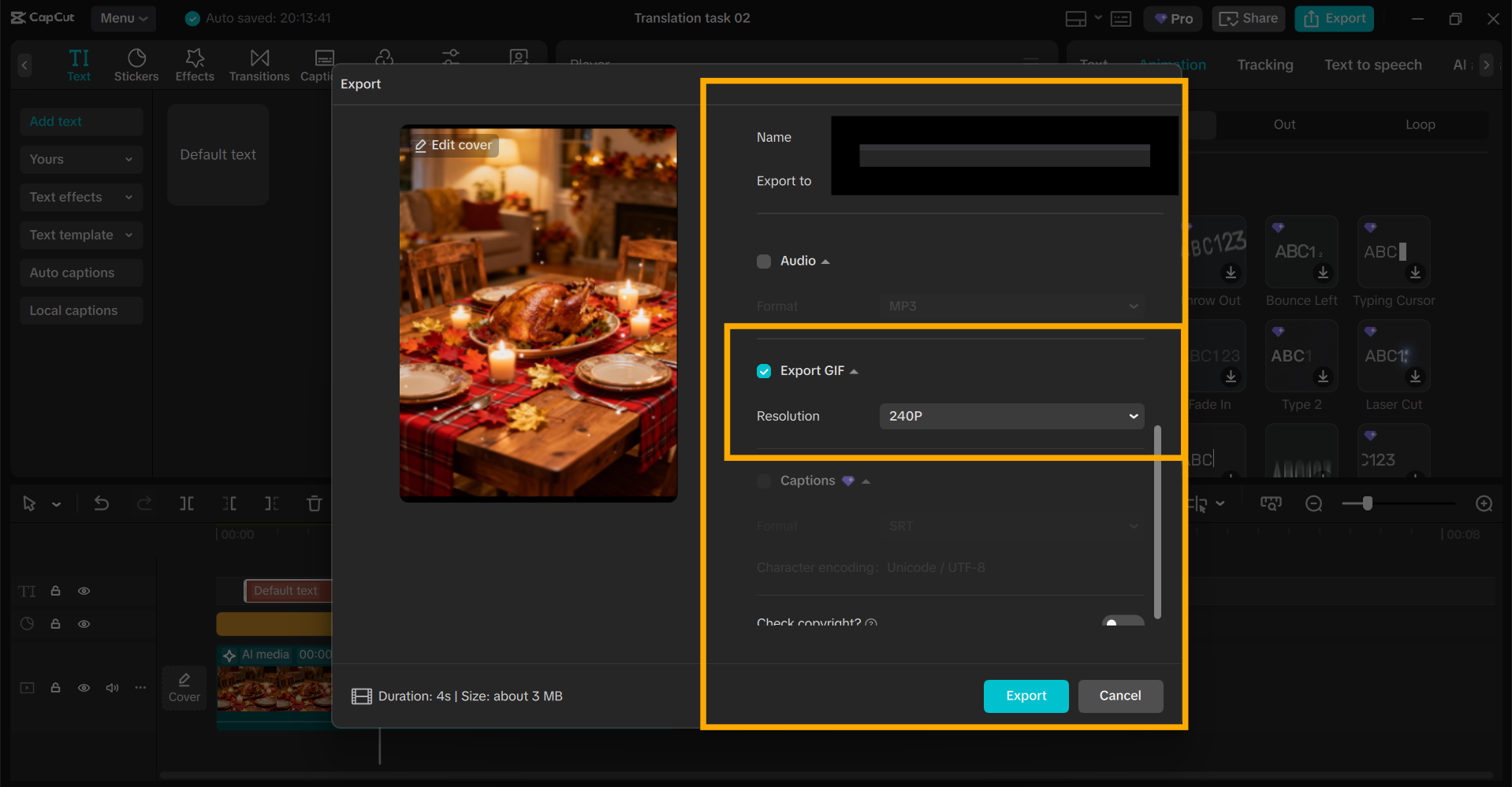 Happy thanksgiving animated GIF export CapCut PC